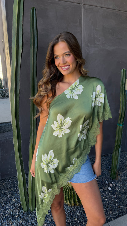 FINAL SALE!! Asymmetric Lace Top in Green Floral