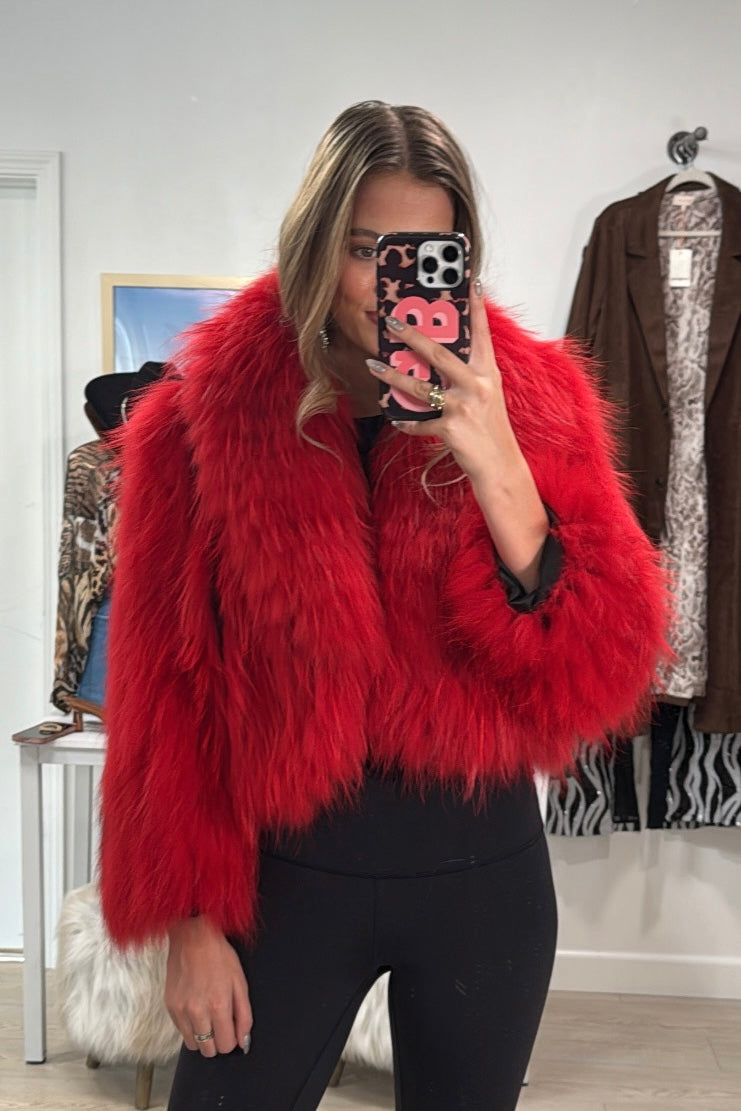 #43 Vintage Dyed Red Cropped Racoon Fur Jacket
