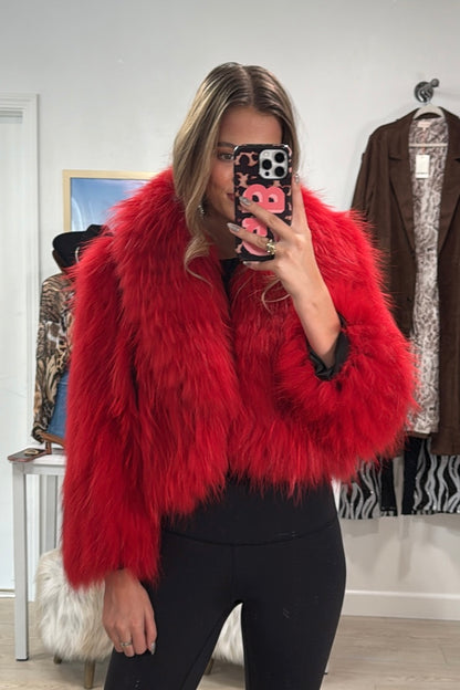 #43 Vintage Dyed Red Cropped Racoon Fur Jacket