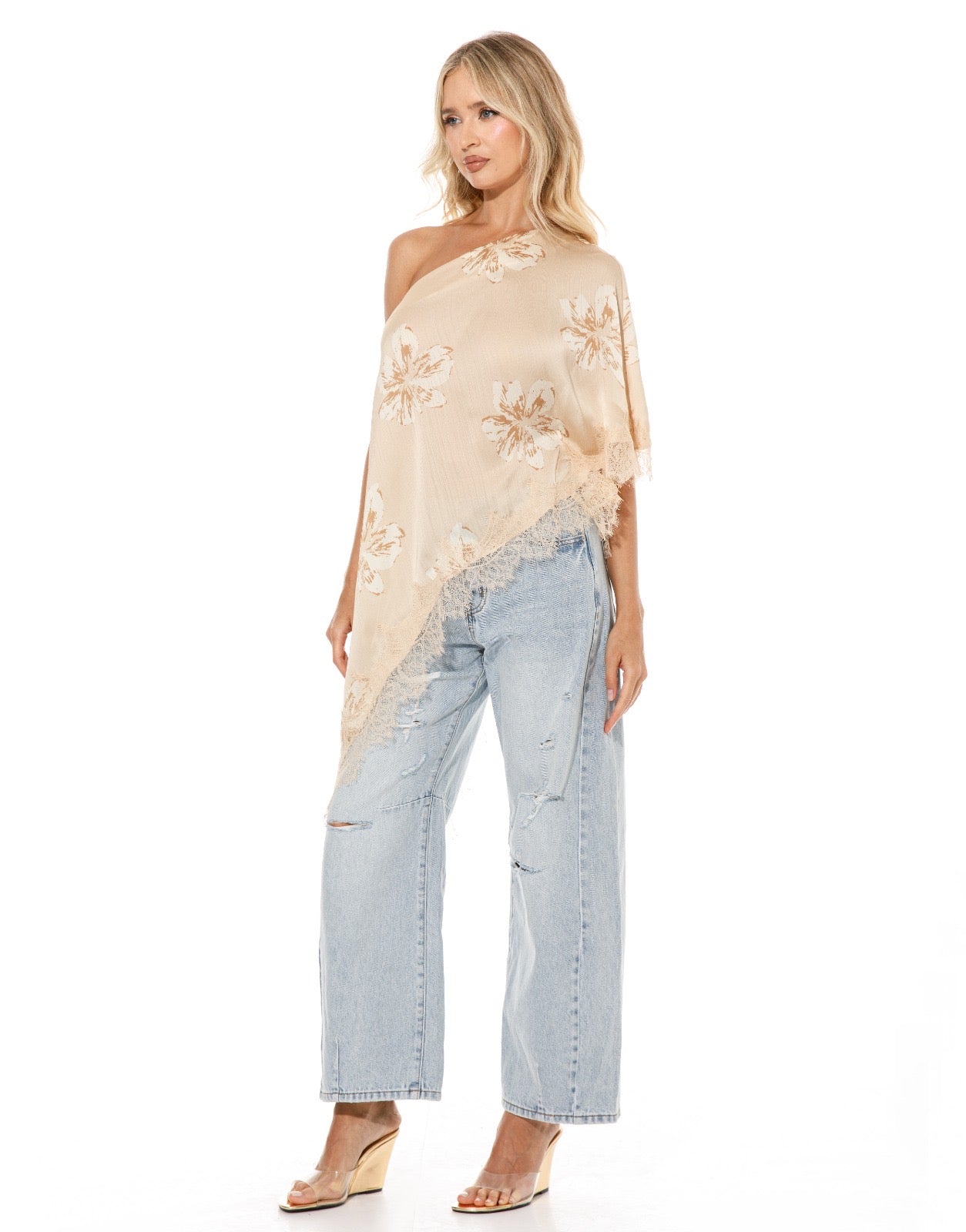 Asymmetric Lace Top in Nude Floral