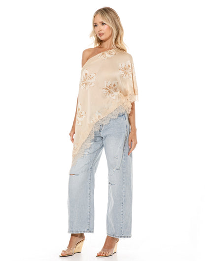 Asymmetric Lace Top in Nude Floral