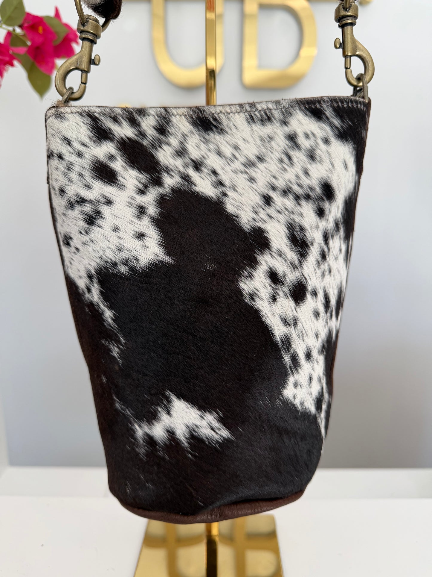 Brown and White Cowhide Small Bucket Bag w/ Cowhide Strap