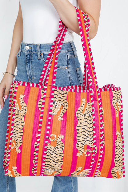 DOORBUSTER!! Tiger Print Reversible Tote in Orange