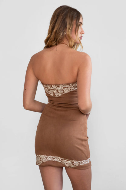 Laredo Embroidered Suede Mini Dress in Brown