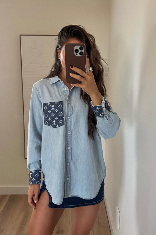 LIMITED EDITION!!  Designer Repurposed Denim Shirt w/ Designer Denim Scarf - PRE ORDER