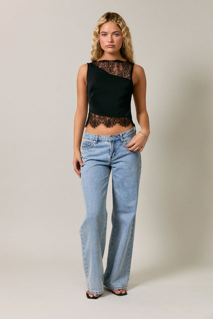 Satin Lace Trim Top in Black