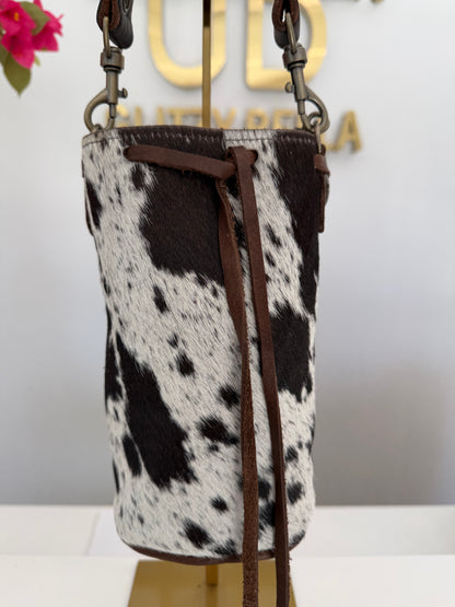 Brown and White Cowhide Bucket Bag Small Drawstring w/ Brown Strap