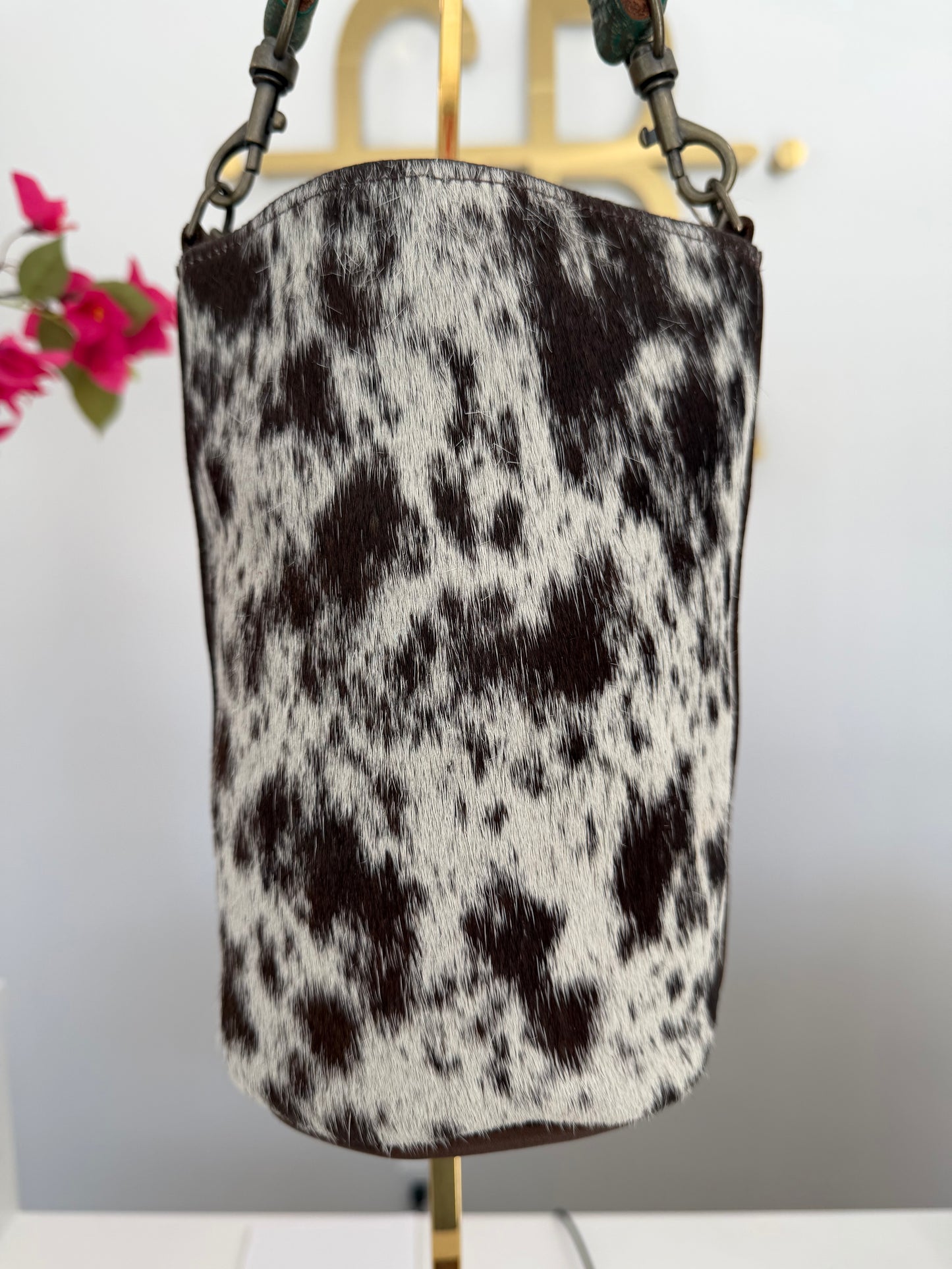 Brown and White Cowhide Small Bucket Bag w/ Turquoise Strap