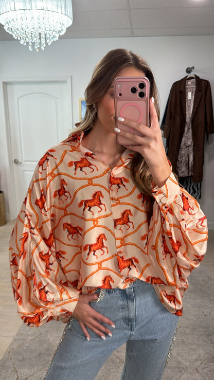 Horseprint Satin Top in Coral