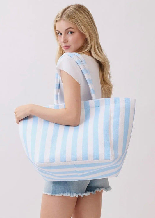 "Cabana Club" Striped Terry Tote Bag in Blue