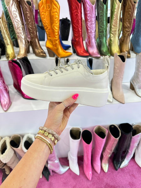 Platform Sneaker with Rhinestone Laces in Beige