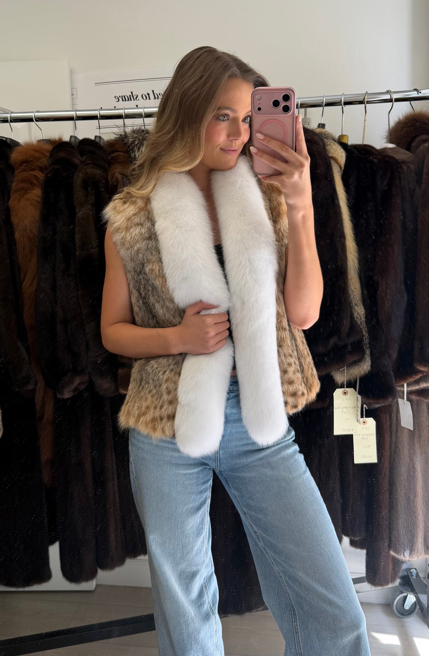 #55 Vintage Lynx Fur Vest w/ Fox Tuxedo Size S/M