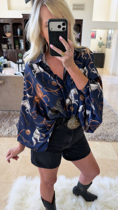 Horseprint Satin Top in Navy