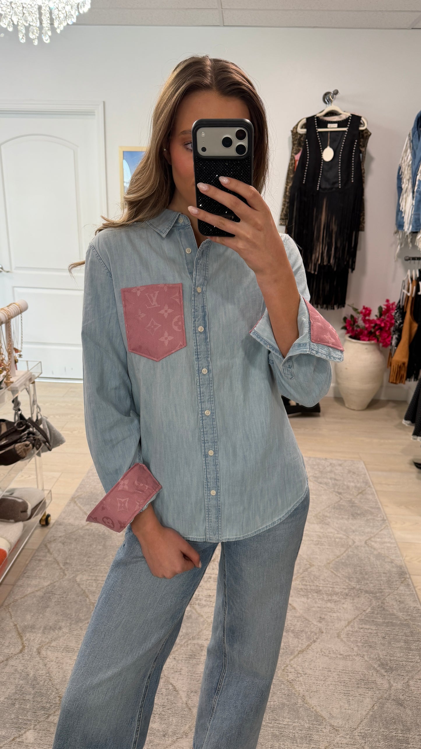 Designer Repurposed Denim Shirt w/ Designer Pink Scarf