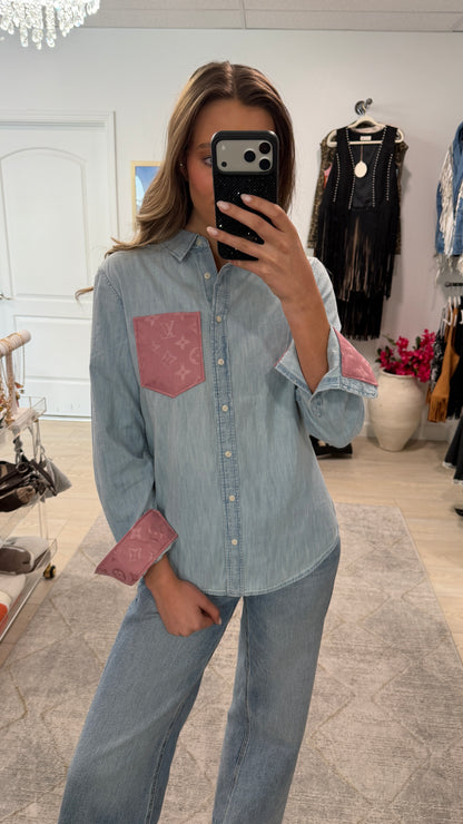 Designer Repurposed Denim Shirt w/ Designer Pink Scarf