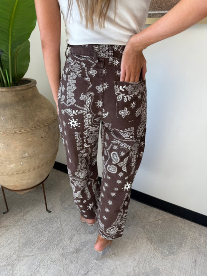 Paisley Barrel Leg Pants in Chocolate