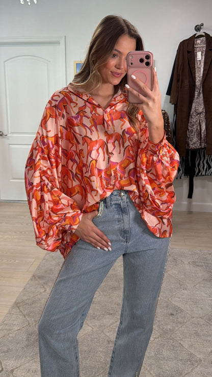 NEW!! Horseprint Satin Top in Orange & Pink