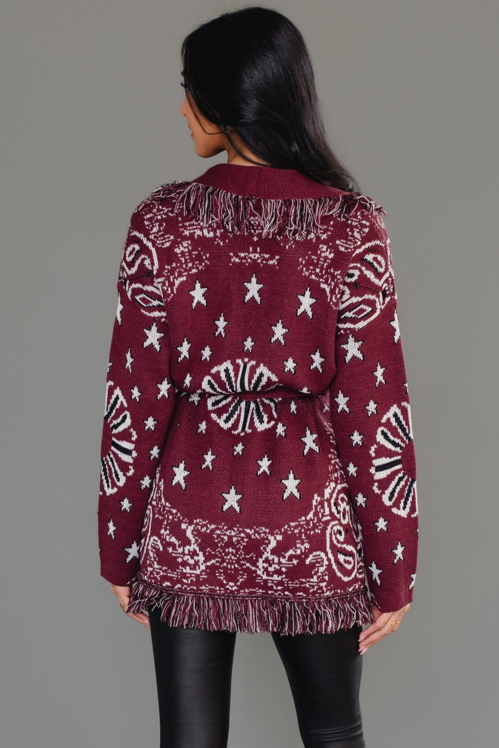 Sonora Fringe Wrap Cardigan in Burgundy