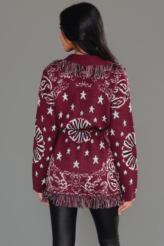 Sonora Fringe Wrap Cardigan in Burgundy