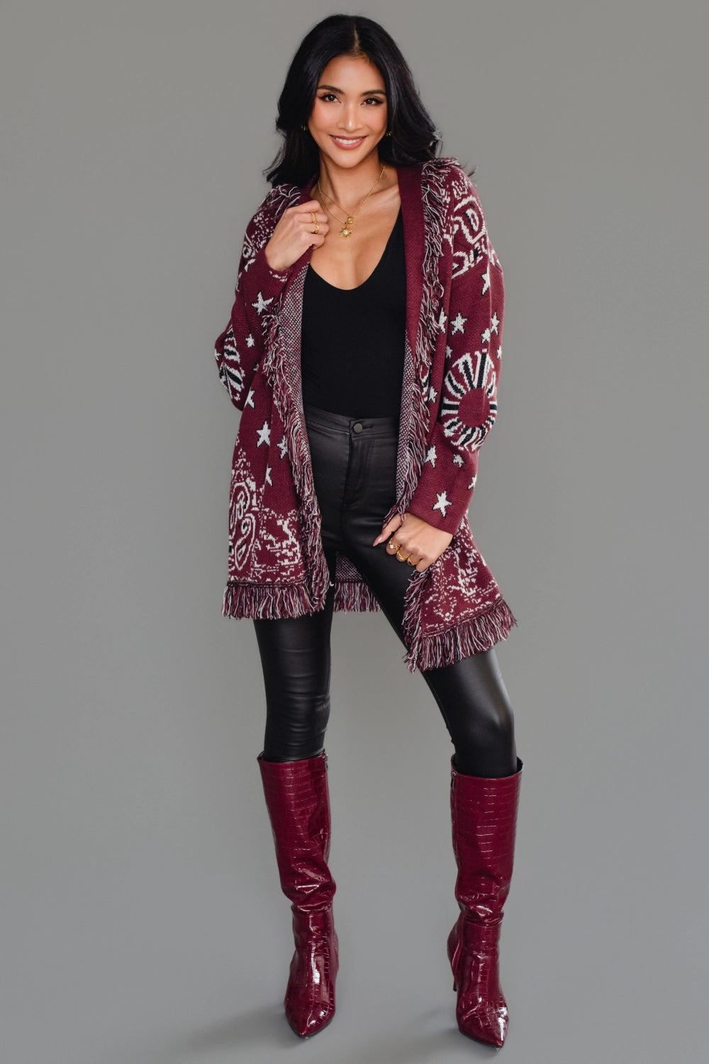 Sonora Fringe Wrap Cardigan in Burgundy