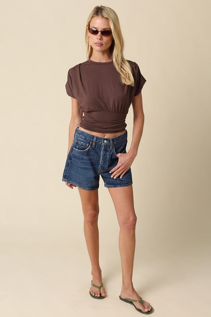 Sophie Cinched Ribbed Tee in Brown