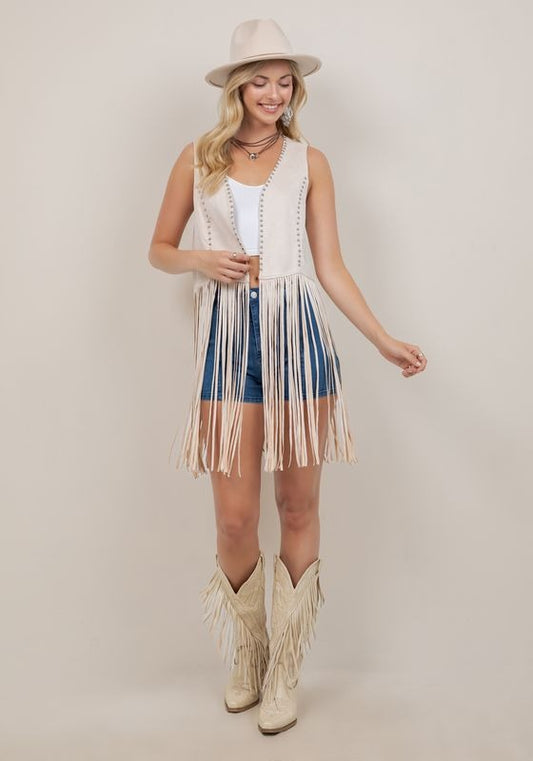 "Shania" Studded Suede Fringe Vest Shawl in Cream