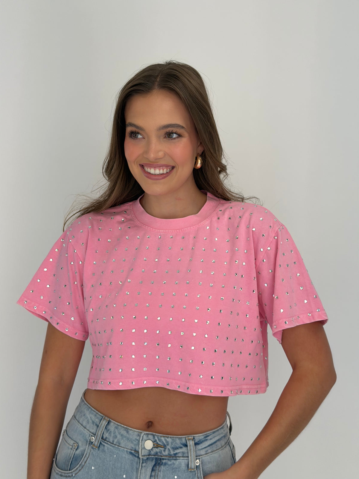 FINAL SALE!! The “Dallas" Cropped Rhinestone Tee in Pink
