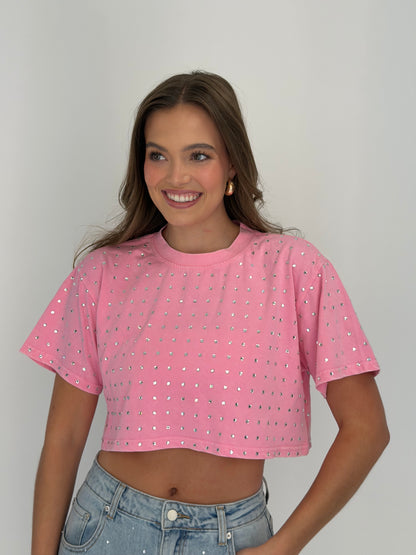 FINAL SALE!! The “Dallas" Cropped Rhinestone Tee in Pink