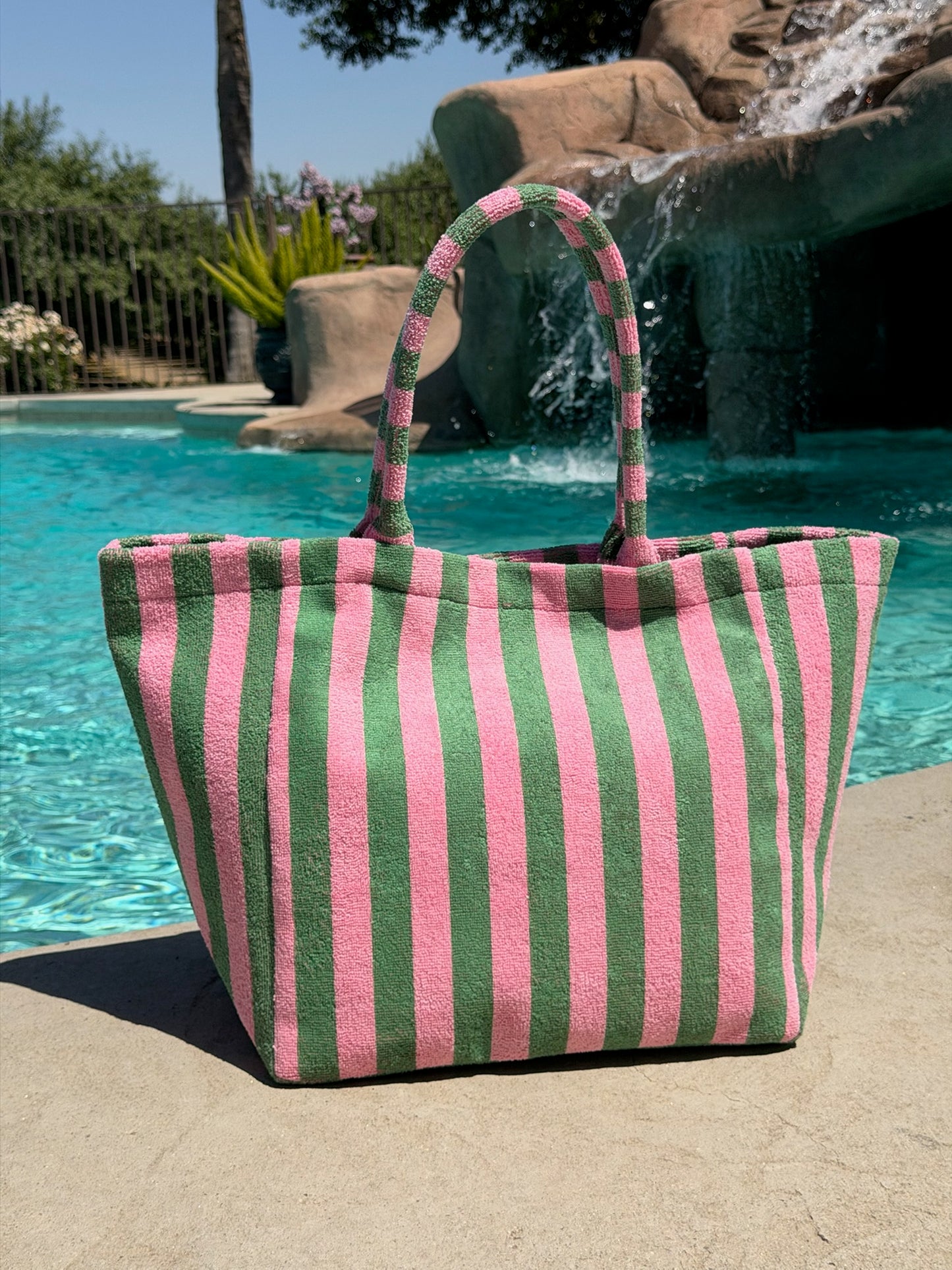 "Cabana Club" Striped Terry Tote Bag in Pink