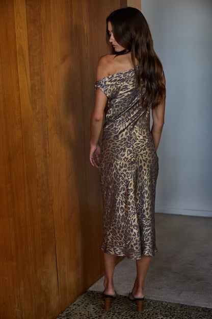 Metallic Leopard Print Cowl Neck Midi Dress