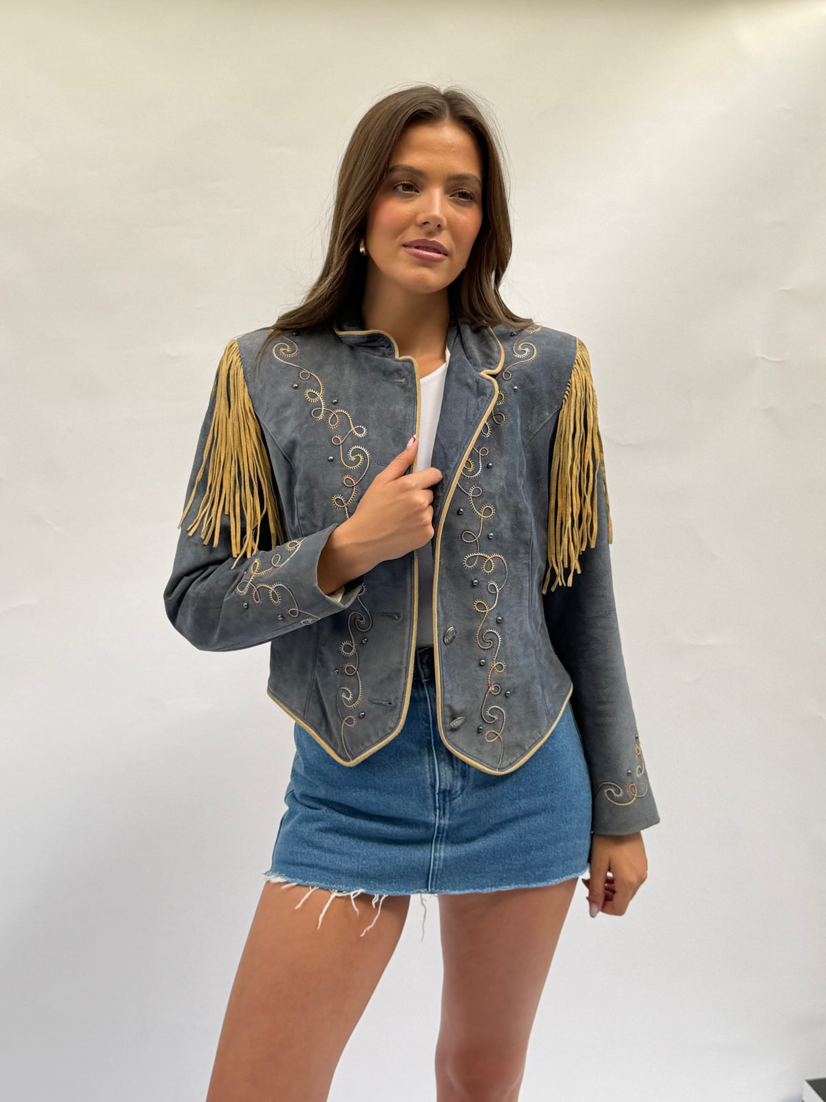 Vintage Blue/Grey Suede Fringe Jacket Size Medium