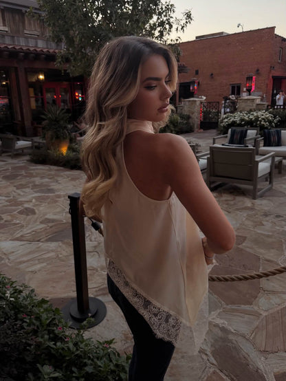 Asymmetric Lace Halter Top in Ivory