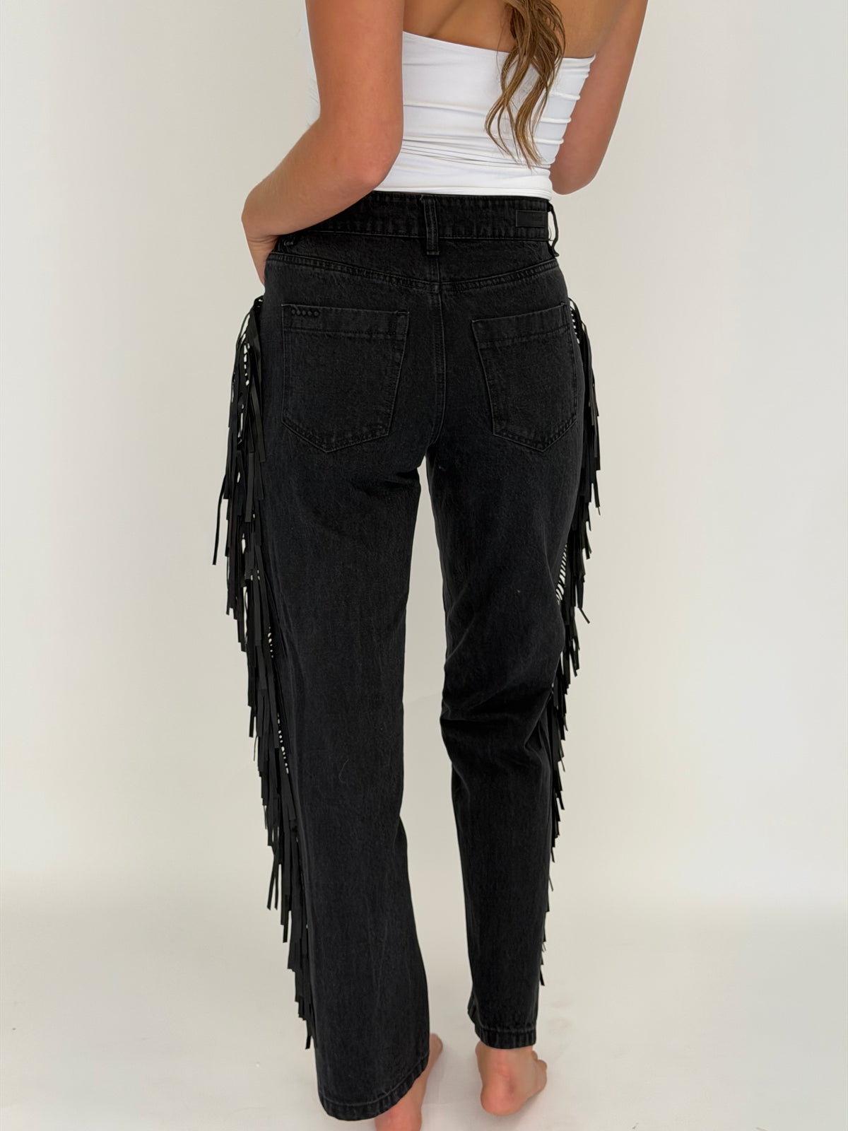 Pony Up Fringe Jeans in Black