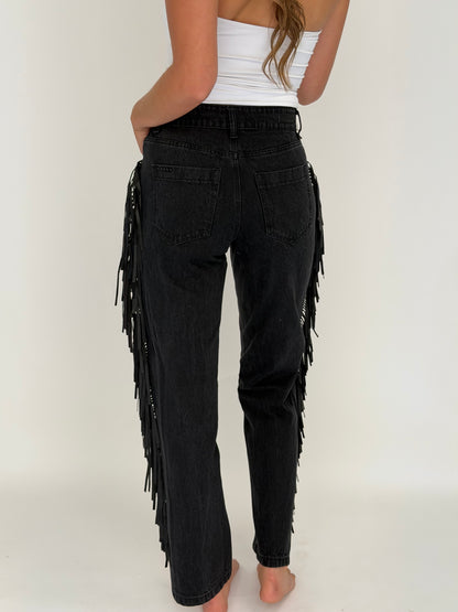 Pony Up Fringe Jeans in Black