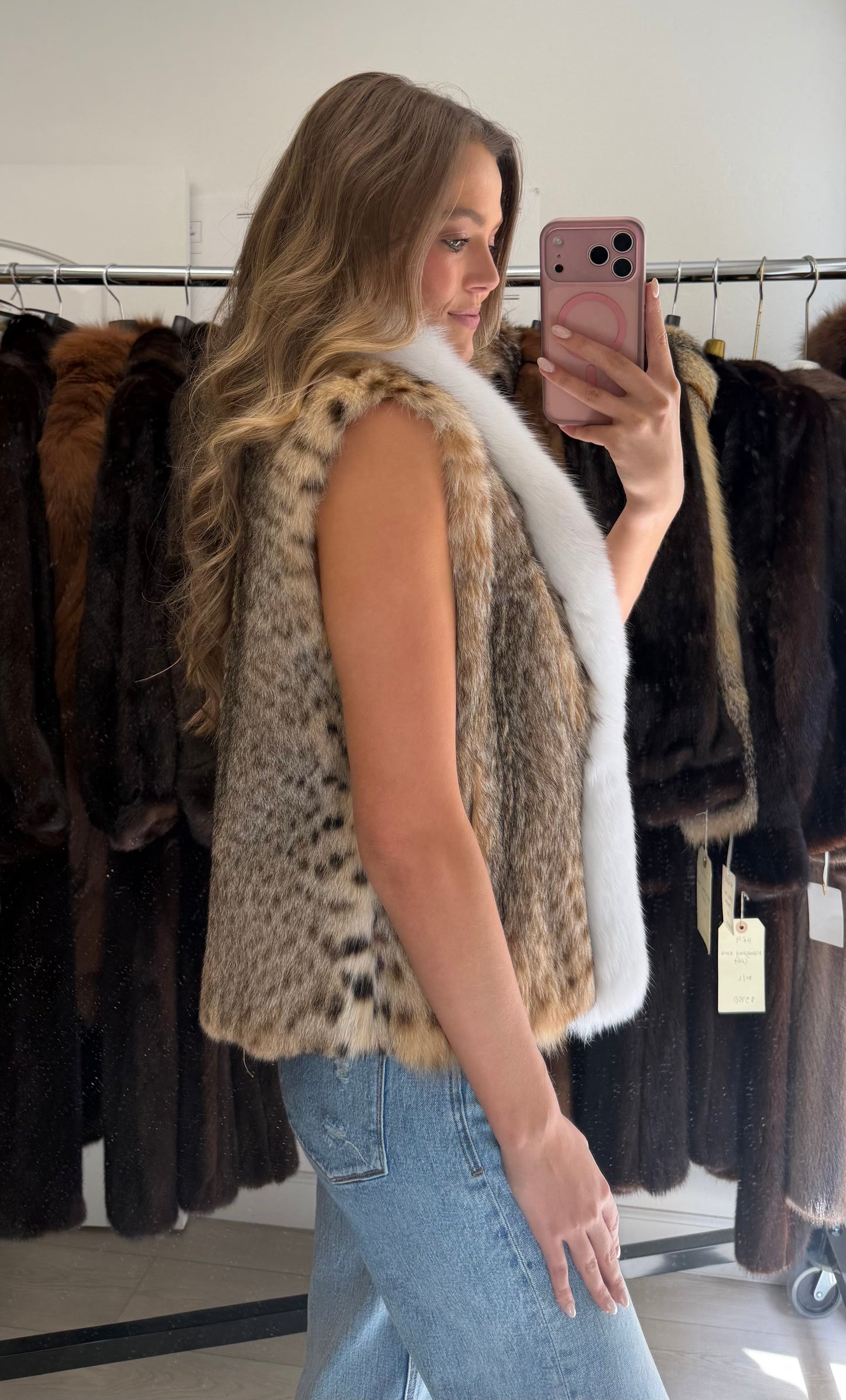 #55 Vintage Lynx Fur Vest w/ Fox Tuxedo Size S/M