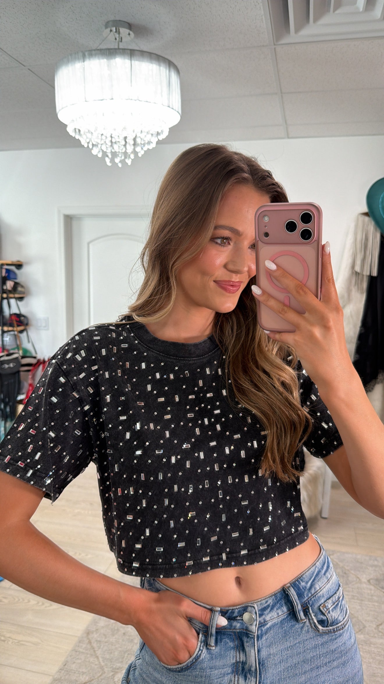 The “Houston" Cropped Rhinestone Tee in Black