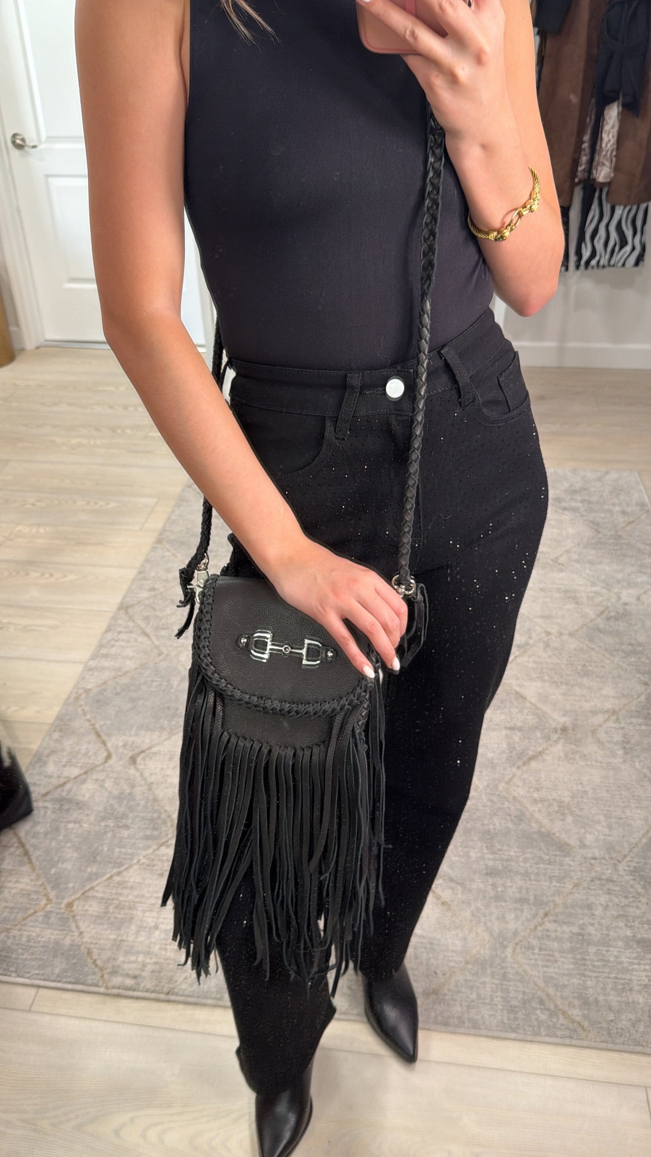 NEW!! Horsebit Fringe Leather Crossbody Purse