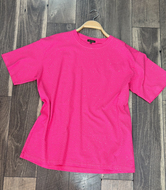 "Brooklyn" Rhinestone Tee in Hot Pink