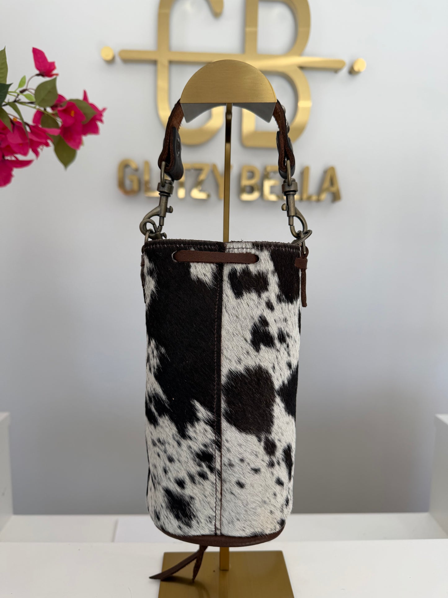 Brown and White Cowhide Bucket Bag Small Drawstring w/ Brown Strap