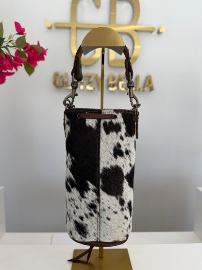 Brown and White Cowhide Bucket Bag Small Drawstring w/ Brown Strap