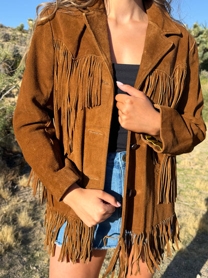 Vintage Dark Camel Suede Fringe Jacket Size Xlarge (16)