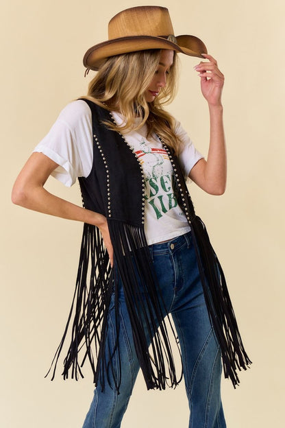 "Shania" Studded Suede Fringe Vest Shawl in Black