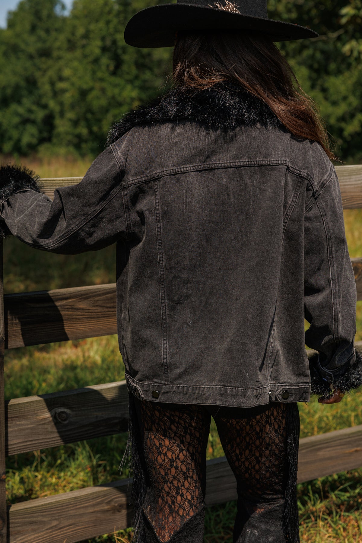 Penny Faux Fur Denim Jacket in Black