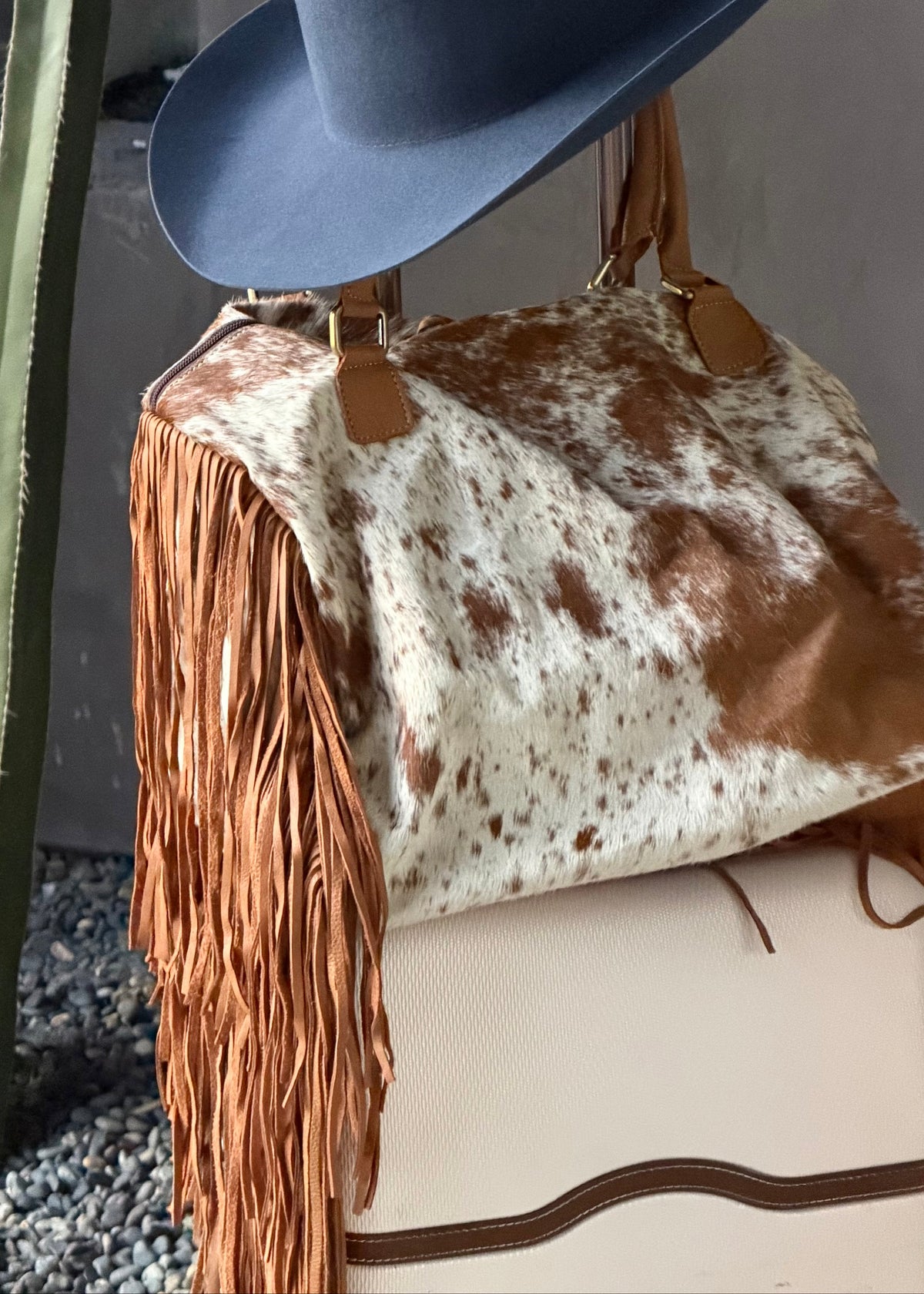Cowhide Fringe Weekender Bag - Tan