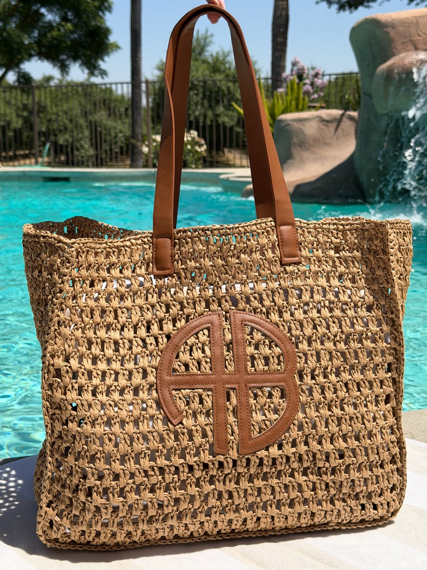 "At The Coast" Straw Beach Tote in Tan