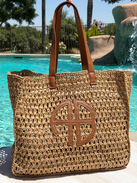 "At The Coast" Straw Beach Tote in Tan