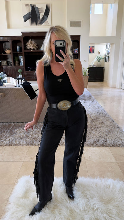 Pony Up Fringe Jeans in Black