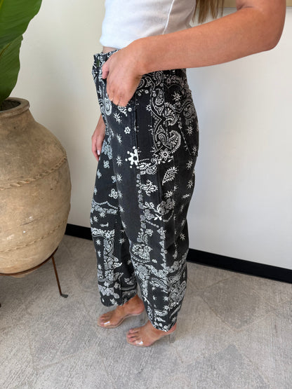Paisley Barrel Leg Pants in Black