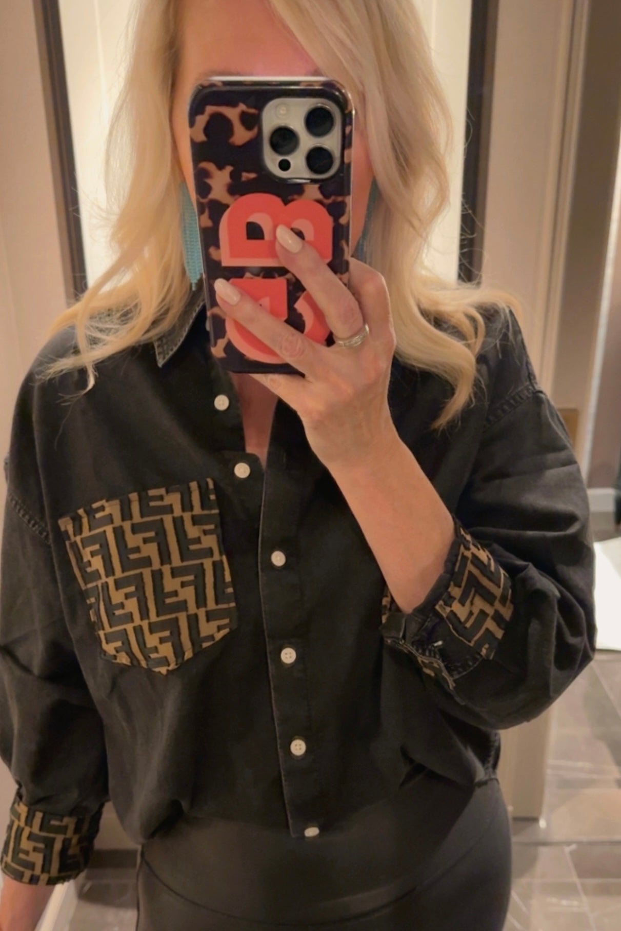 LIMITED EDITION!!  Designer Repurposed Denim Shirt w/ Designer Scarf Pocket & Cuff