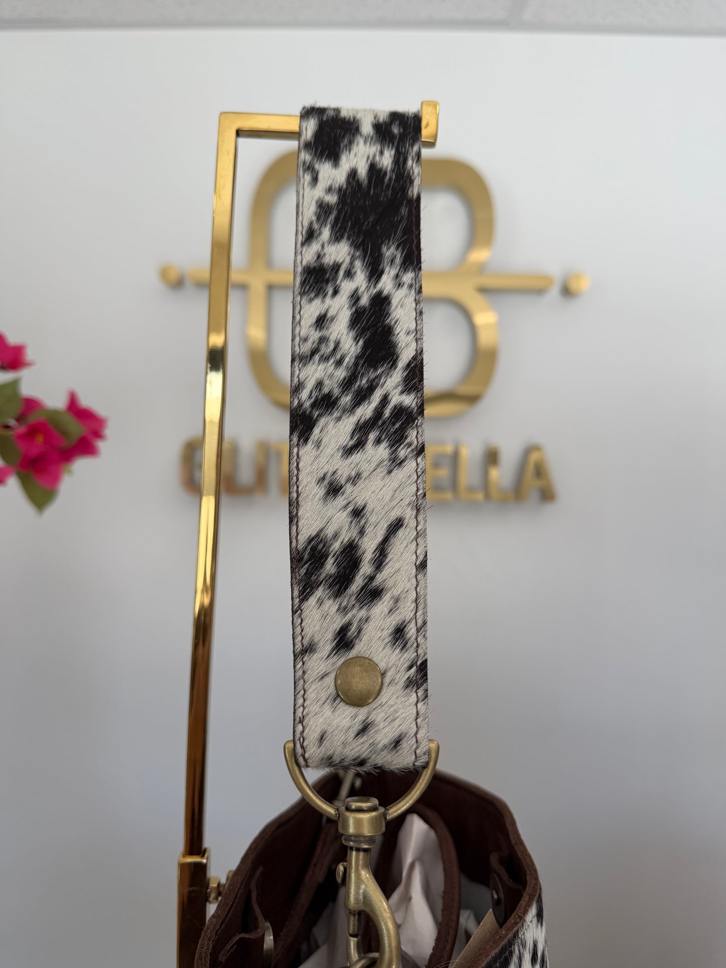 Black and White Cowhide Large Bucket Bag w/ Cowhide Strap